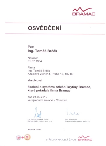 Ing. Tomáš Brčák, Praha je certifikovaný pokrývač Bramac, Tomáš Brčák Praha