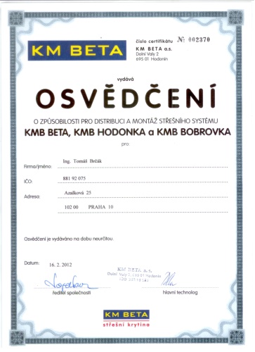 Ing. Tomáš Brčák, Praha je certifikovaný pokrývač KM BETA, Tomáš Brčák Praha